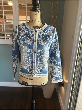 Blue Embroidered Jean Jacket with White Lace Trim